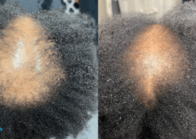 Before and after photo showing visible hair regrowth from Procell Hair Restoration at Rejuv Head Spa